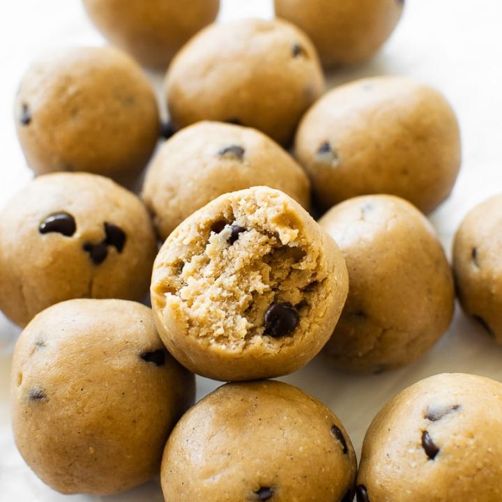 These easy to make cookie dough protein bites are made from just 6 basic ingredients and taste just like cookie dough. Perfect on-the-go or pre-workout snack!
