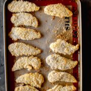 Extra crispy chicken fingers that are baked, not fried and incredibly simple!