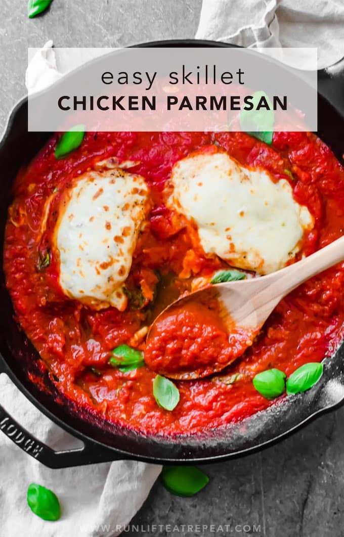 One skillet and 35 minutes is all it takes to make this easy chicken parmesan! Find the recipe at runlifteatrepeat.com.