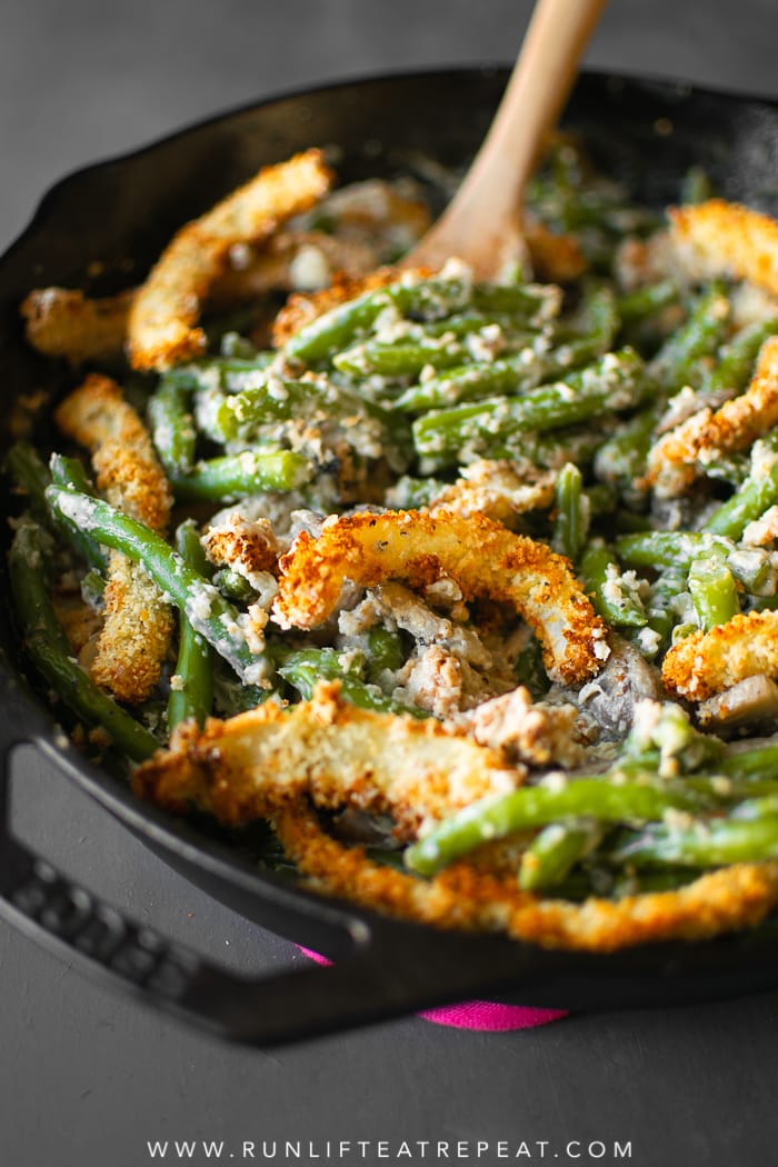 This creamy green bean casserole is made completely from scratch — it's the side dish that your guests will rave about! #casserole #greenbean #recipe #thanksgiving #holiday #dairyfree