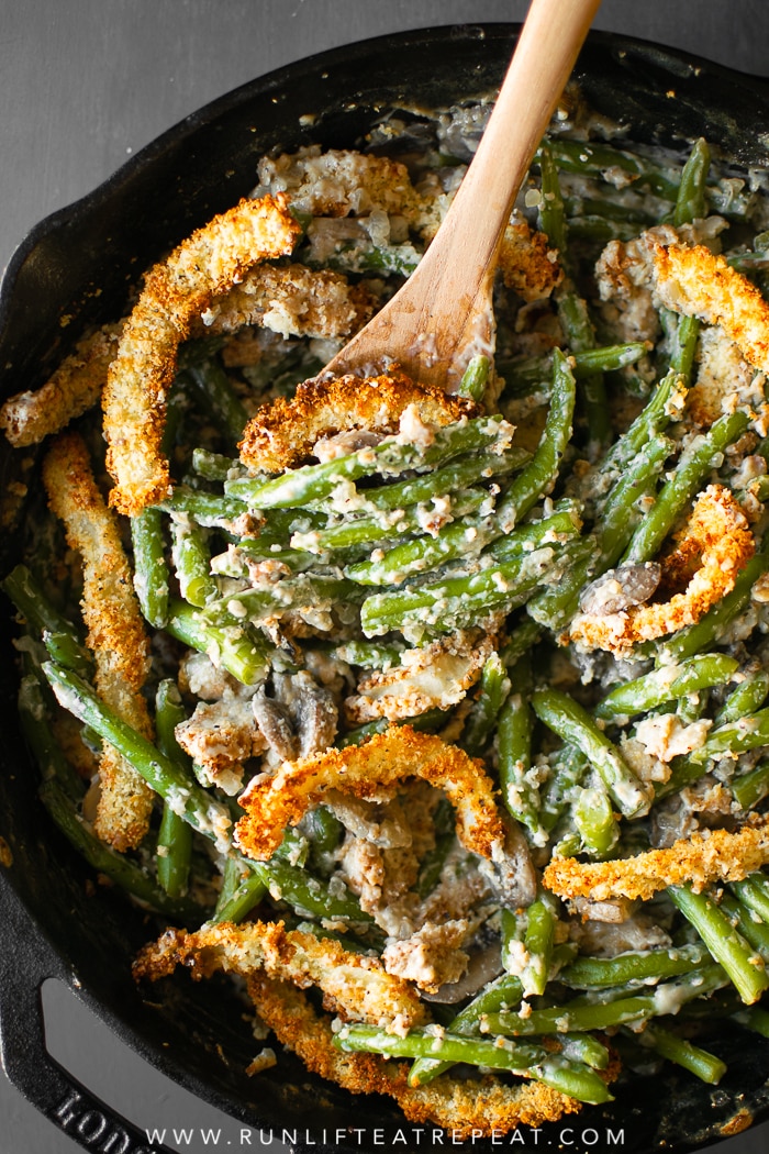 This creamy green bean casserole is made completely from scratch — it's the side dish that your guests will rave about! Find the recipe at runlifteatrepeat.com #casserole #greenbean #recipe #thanksgiving #holiday #dairyfree