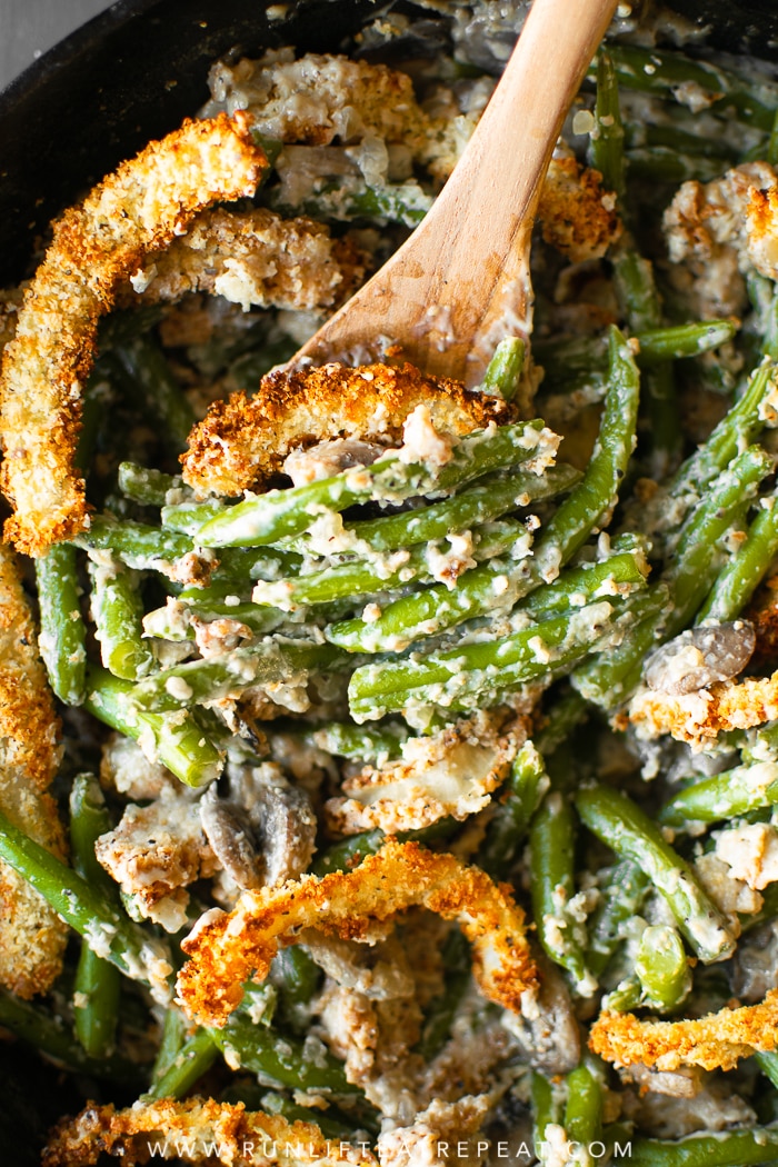 This creamy green bean casserole is made completely from scratch — it's the side dish that your guests will rave about! #casserole #greenbean #recipe #thanksgiving #holiday #dairyfree