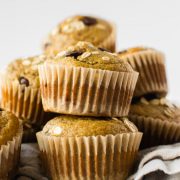 You won't miss the butter, oil or sugar in these easy-to-make flavorful banana muffins, trust me! Recipe on runlifteatrepeat.com.