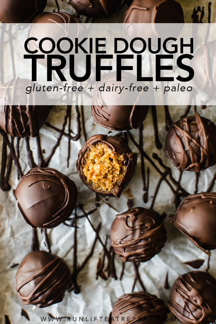 Just one bowl and minimal ingredients to make these no-bake cookie dough truffles. Ready in less than 30 minutes! Recipe on runlifteatrepeat.com. #truffles #paleo #cookiedough #glutenfree #dairyfree