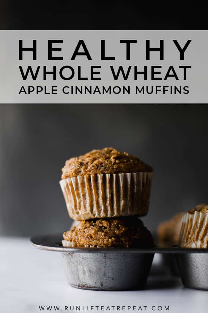 Healthy whole wheat muffins filled with shredded apples, tons of cinnamon spice and zero refined sugar! Find the recipe at runlifteatrepeat.com. #wholewheatmuffins #muffins #breakfast #apple #cinnamon #dairyfree