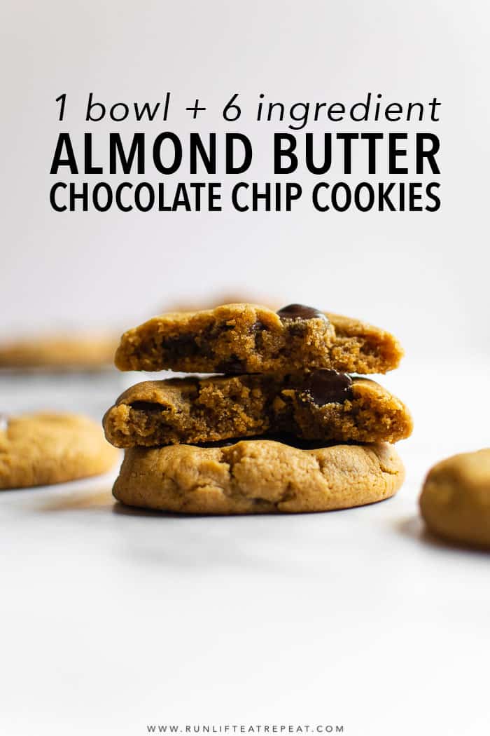 With just 6 ingredients and only 15 minutes to makeâ€” these gluten-free almond butter chocolate chip cookies couldn't be easier! #cookies #almondbutter #glutenfree #peanutbutter #flourless #easy