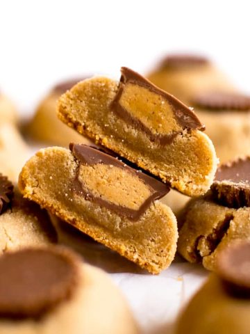 These soft, thick and chewy peanut butter cup cookies are topped with Reese’s peanut butter cups. Basically every peanut butter lovers dream.