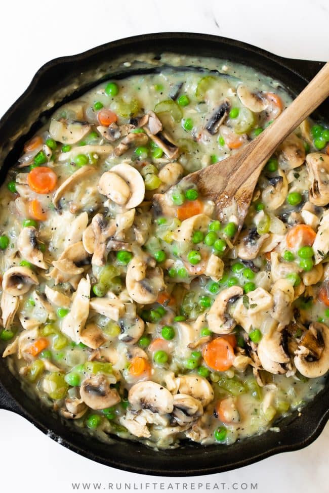 This easy skillet pot pie is a delicious one pan dinner that the entire family will love. It's the perfect recipe for using up leftover Thanksgiving turkey or even chicken!