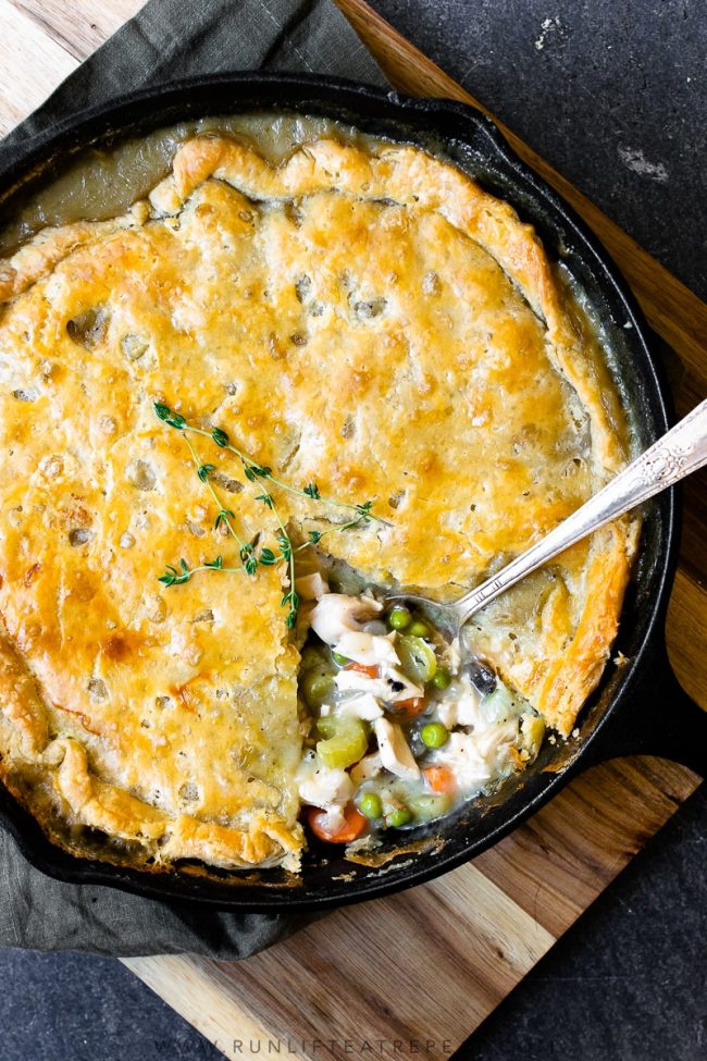 This easy skillet pot pie is a delicious one pan dinner that the entire family will love. It's the perfect recipe for using up leftover Thanksgiving turkey or even chicken!