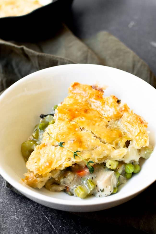 This easy skillet pot pie is a delicious one pan dinner that the entire family will love. It's the perfect recipe for using up leftover Thanksgiving turkey or even chicken!