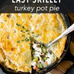 The easy skillet pot is a delicious one pan dinner that the entire family will love. It's the perfect recipe for using up leftover Thanksgiving turkey or even chicken!﻿ #potpie #Thanksgiving #dinner #onepanmeal