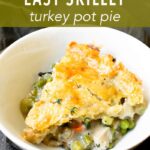 The easy skillet pot is a delicious one pan dinner that the entire family will love. It's the perfect recipe for using up leftover Thanksgiving turkey or even chicken!﻿ #potpie #Thanksgiving #dinner #onepanmeal