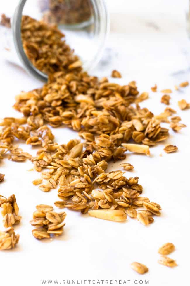 Slightly sweet, healthy, wholesome, feel-good vanilla almond granola. Ditch the store-bought, homemade granola is easier than you think using pantry ingredients!