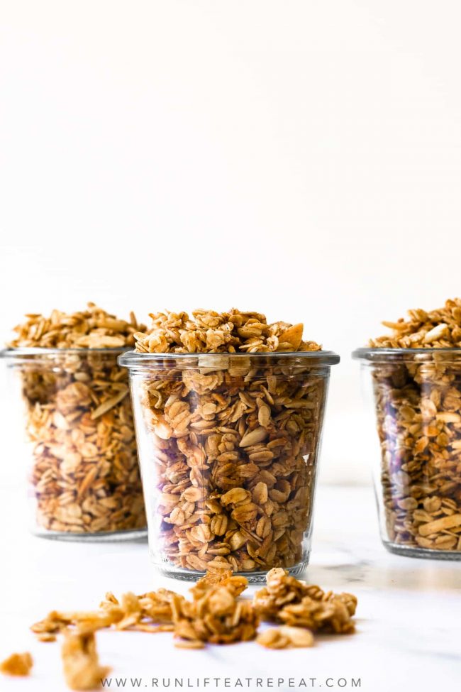Slightly sweet, healthy, wholesome, feel-good vanilla almond granola. Ditch the store-bought, homemade granola is easier than you think using pantry ingredients!