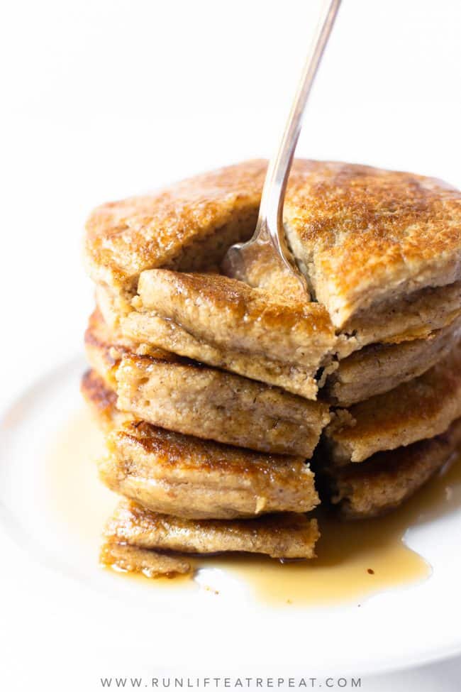 Start your mornings right with these banana oat pancakes. Made with ingredients in most kitchens and in a blender. The flavor and texture is out of this world!