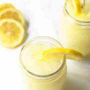 Cold and refreshing, this 5 ingredient frozen lemonade pairs perfectly with a warm sunny day!