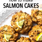 This salmon cake recipe recipe combines the flavors of lemon, parsley, and garlic but the most flavor is from the salmon. For best texture, the recipe has little filler and is baked in a very hot oven.