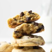 These big fat soft-baked chocolate chip cookies are thick and slightly crispy around the edges. The secret for the chewiest chocolate chip cookie texture is more brown sugar than granulated sugar, an extra egg yolk, plus a little cornstarch!