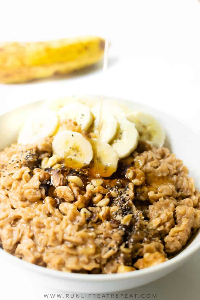 This creamy banana oatmeal is a morning favorite. It's made with rolled oats, mashed bananas, chia seeds, milk, vanilla extract, cinnamon, and a touch of pure maple syrup. It's the perfect make-ahead breakfast for the week!