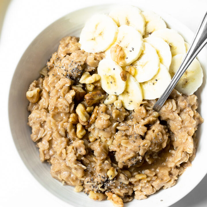This creamy banana oatmeal is a morning favorite. It's made with old fashioned rolled oats, mashed bananas, chia seeds, oat milk, vanilla extract, and a touch of pure maple syrup. It's the perfect make-ahead breakfast for the week!