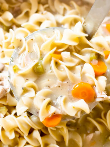 This is my homemade creamy chicken noodle soup recipe. It's a lightened-up version but you'd never know it— family and friends rave about it! It's made in one pot and freezes perfectly!