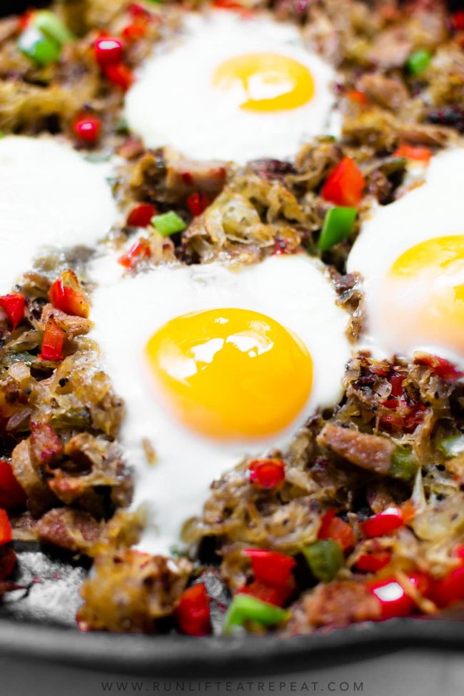 This super simple crispy breakfast potato hash is prepared in a skillet and combines all the breakfast classics into one dish! There's potatoes, peppers, onions, sausage, and eggs. One stop for all your breakfast needs!