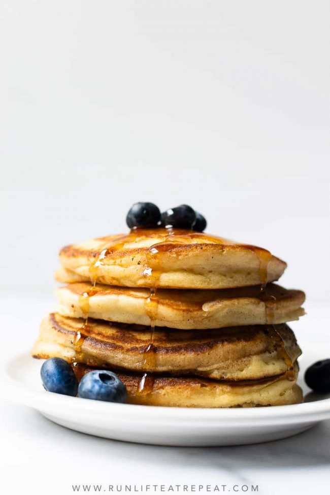 Start your morning with a tall stack of these homemade fluffy pancakes. These pancakes are light and fluffy– thanks to a handful of pantry ingredients. Toss in your favorite add-ins to take them up a notch!