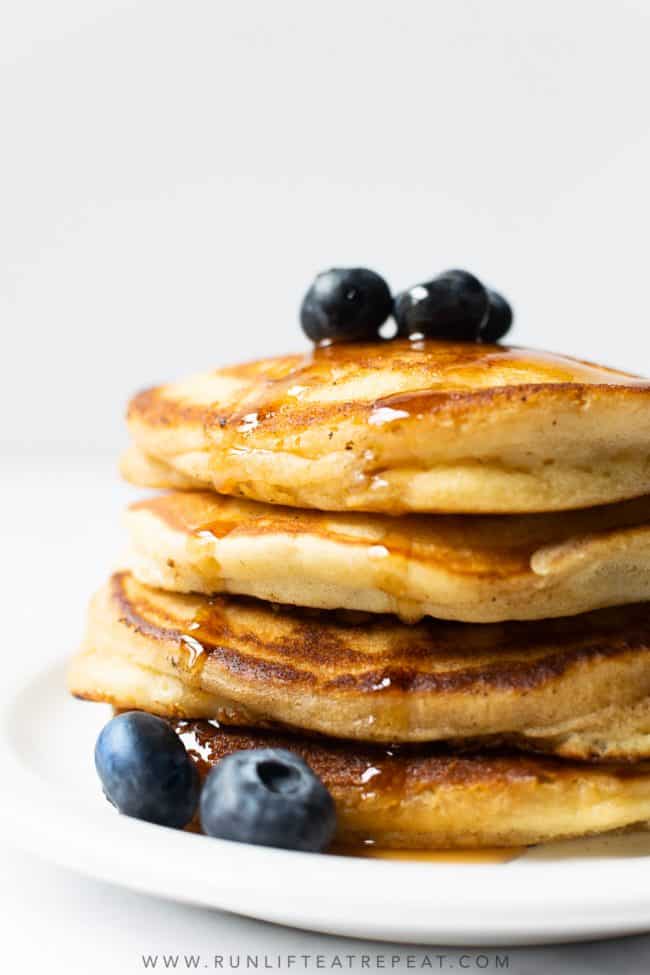 Start your morning with a tall stack of these homemade fluffy pancakes. These pancakes are light and fluffy– thanks to a handful of pantry ingredients. Toss in your favorite add-ins to take them up a notch!