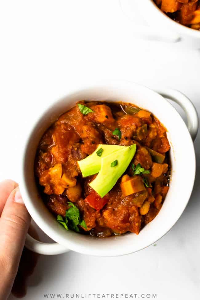 This vegetarian chili is filled with flavor, texture, and the perfect amount of spice. The recipe combines easy canned ingredients with some fresh ingredients that make a one pan meal (or in the slow cooker) that's perfect for the colder months. Even meat eaters loved it too!