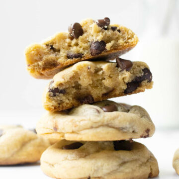 These big fat soft-baked chocolate chip cookies are thick and slightly crispy around the edges. The secret for the chewiest chocolate chip cookie texture is more brown sugar than granulated sugar, an extra egg yolk, plus a little cornstarch! No chilling required!