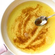 Let me walk you through how to brown butter. Brown butter is simply melted butter with a nutty flavor by gently heating it on the stove. You can use brown butter as a sauce or as an ingredient in sweet recipes.