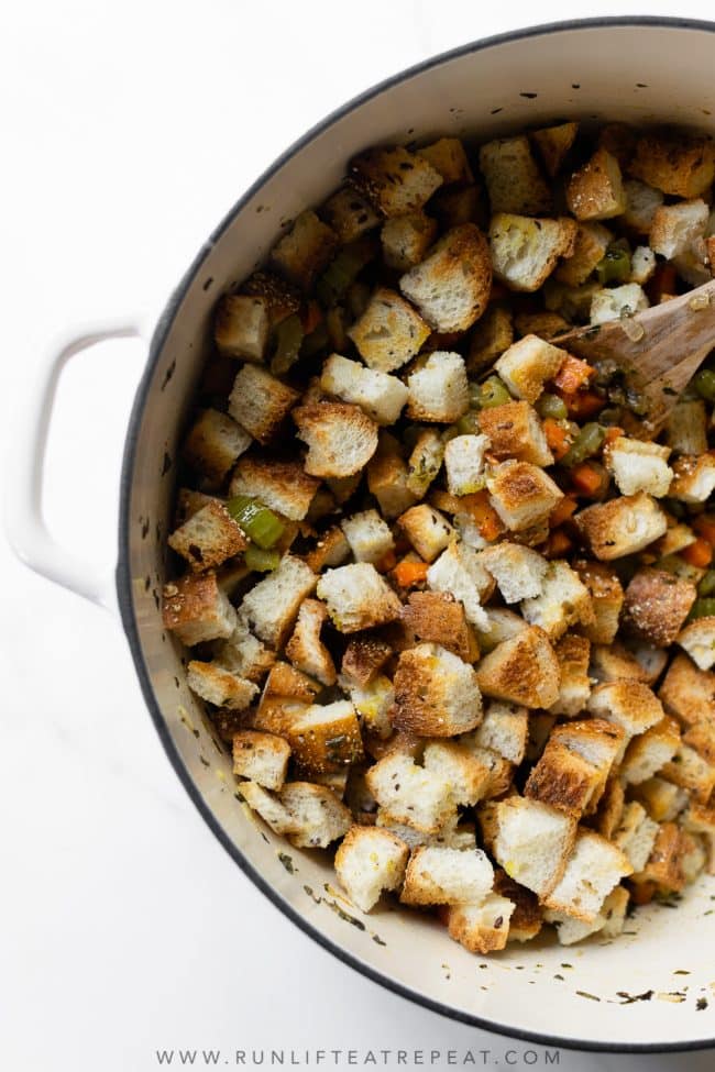 There's no Thanksgiving dish that compares to this homemade stuffing recipe. It's filled with fresh herbs and it's a make-ahead recipe so there's one less dish to worry about the day of!
