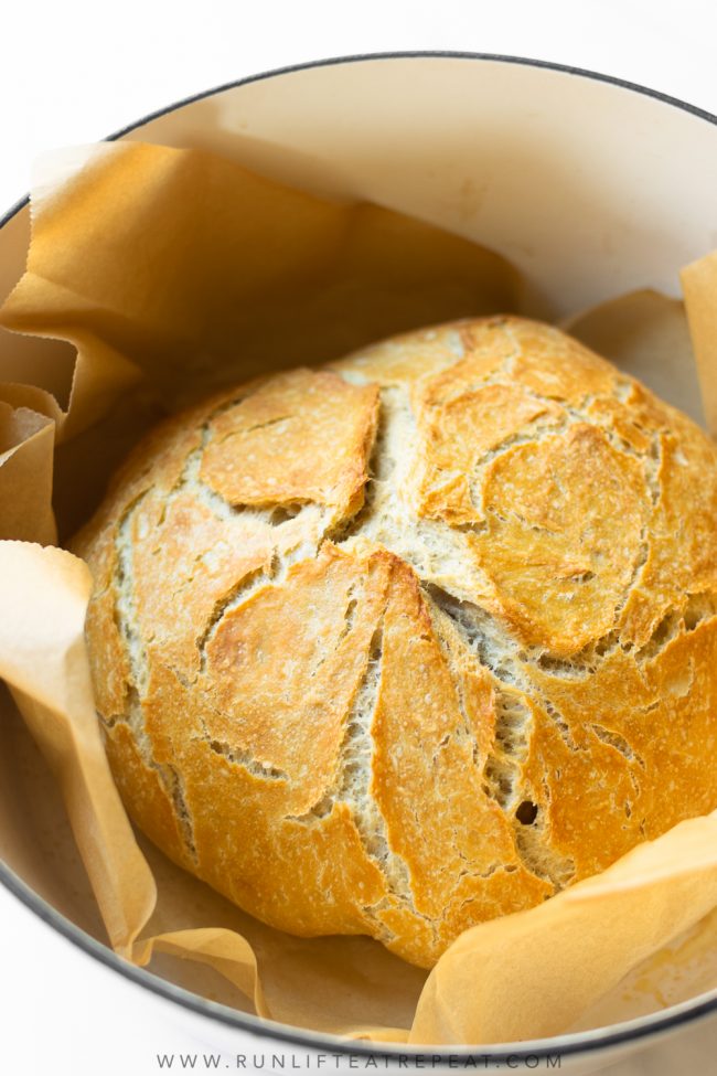 Making homemade bakery-style has never been easier. This extra crusty no knead bread is baked in a dutch oven and requires almost no hands-on work!