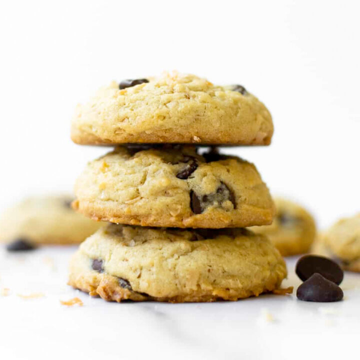 These homemade coconut dark chocolate chip cookies have golden crisp edges, soft centers, toasted coconut throughout, and studded with dark chocolate chips. These will be a crowd favorite!
