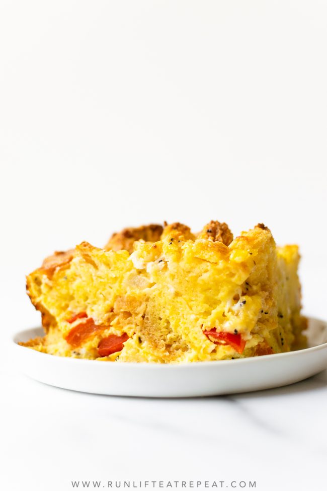 This everything biscuit breakfast casserole combines eggs, peppers, onions, and cheese with buttery biscuits in just one dish! You can use your favorite add-ins too! The best part is that you can prepare it ahead of time for busy mornings!