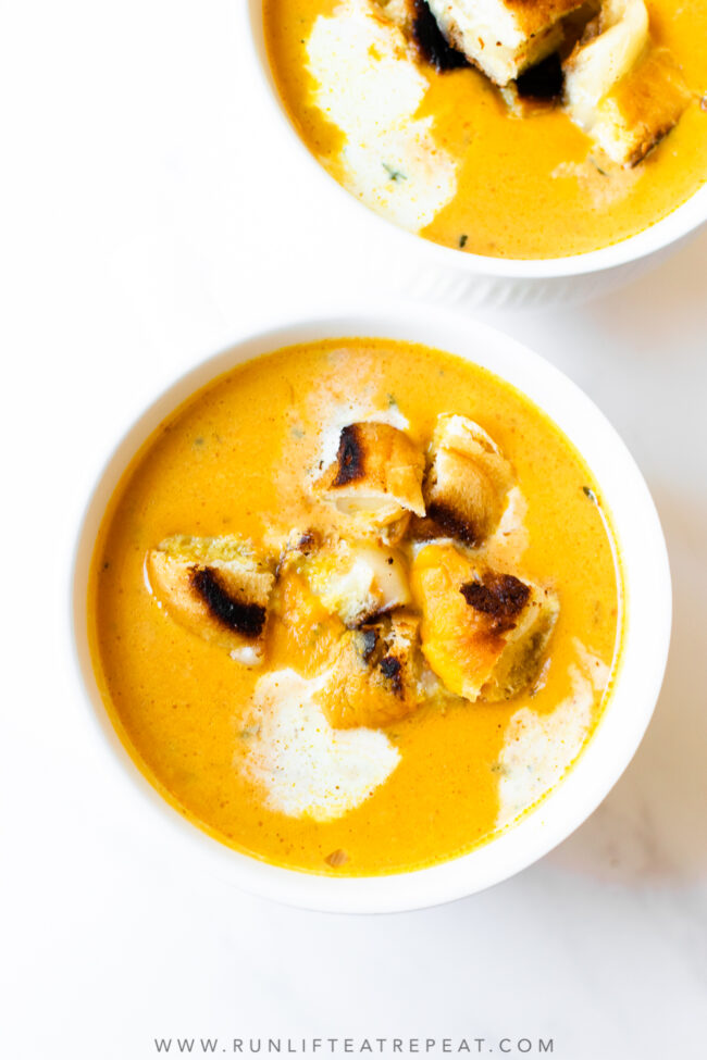 You won't be able to get enough of this creamy pumpkin soup topped with grilled cheese croutons. It's hands-down the easiest soup recipe and one of the most comforting soups that you'll ever have!