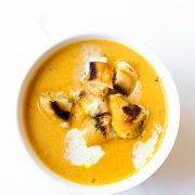 You won't be able to get enough of this creamy pumpkin soup topped with grilled cheese croutons. It's hands-down the easiest soup recipe and one of the most comforting soups that you'll ever have!