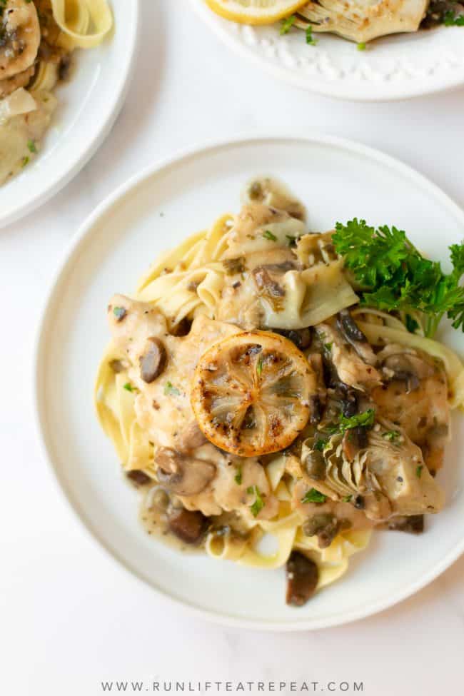 My favorite chicken dinner is this unbelievably delicious chicken piccata. It's a twist on the traditional recipe which takes it up a notch. It's savory, satisfying and the best make-ahead meal!