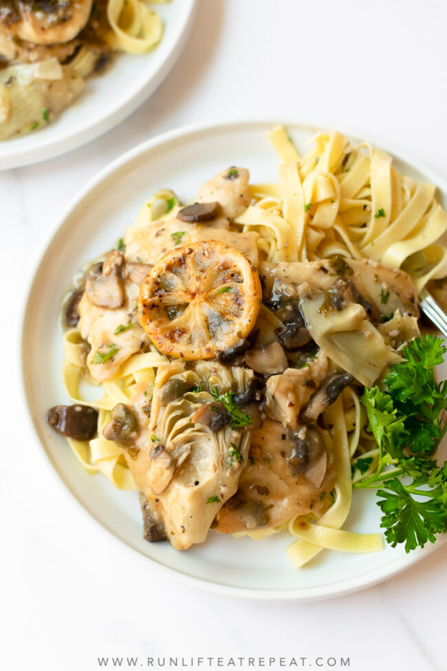 My favorite chicken dinner is this unbelievably delicious chicken piccata. It's a twist on the traditional recipe which takes it up a notch. It's savory, satisfying and the best make-ahead meal!