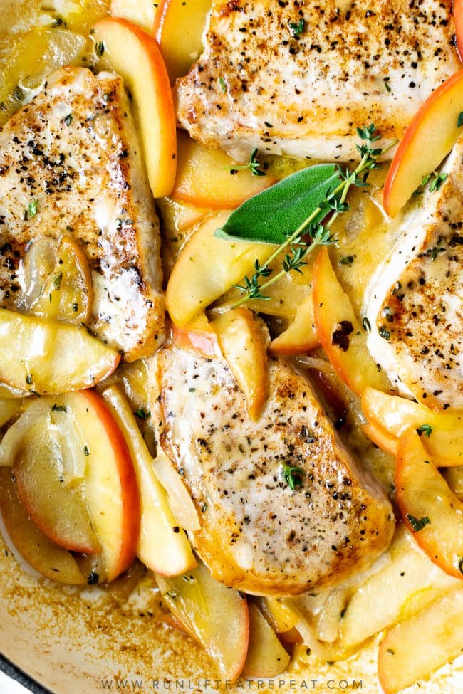 Starting with a simple flavor combination of cinnamon and herbs, this recipe for pork chops with apples is a one pan, 30 minute meal that is completely irresistible. Just wait until you smell it cooking! Truly a favorite.