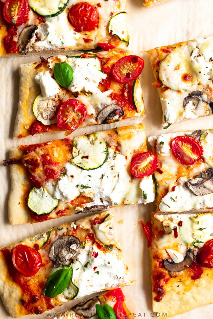 Zucchini, Mushroom & Tomato Herbed Ricotta Flatbread Pizza