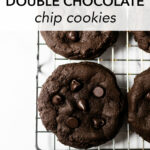 These double chocolate chip cookies are rich and fudgy, incredibly super soft and brownie-like centers, chewy edges, and chocolate chips studded throughout. Easy to throw together, no dough chilling, and just 10 minutes to bake!