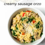 A quick and easy dinner recipe that delivers! This one pan Italian sausage orzo is made with with red bell peppers, onions, garlic, orzo, chicken broth, cream, parmesan, and spinach. It's perfect for busy weeknights— minimal effort and minimal clean up!