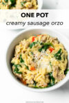 A quick and easy dinner recipe that delivers! This one pan Italian sausage orzo is made with with red bell peppers, onions, garlic, orzo, chicken broth, cream, parmesan, and spinach. It's perfect for busy weeknights— minimal effort and minimal clean up!