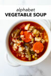 This homemade alphabet vegetable soup recipe is easy, satisfying, hearty, and flavorful. Not only is this soup made in one pot, it keeps perfectly for lunches all week. Use your favorite vegetables and small shaped pasta, like alphabet pasta.