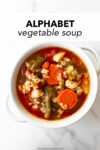 This homemade alphabet vegetable soup recipe is easy, satisfying, hearty, and flavorful. Not only is this soup made in one pot, it keeps perfectly for lunches all week. Use your favorite vegetables and small shaped pasta, like alphabet pasta.