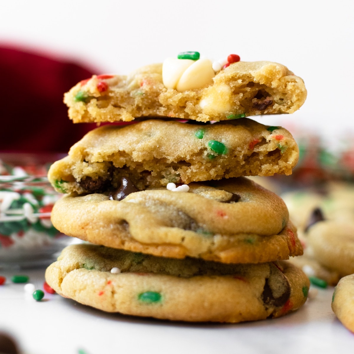 I'm certain that will love these cake batter chocolate chip cookies! Enjoy a chewy cookie with slightly crisp edges studded with white chocolate chips and festive sprinkles. These taste like a cross between chocolate chip cookies mixed with funfetti vanilla cake— truly a cookie recipe that you'll make over and over again!