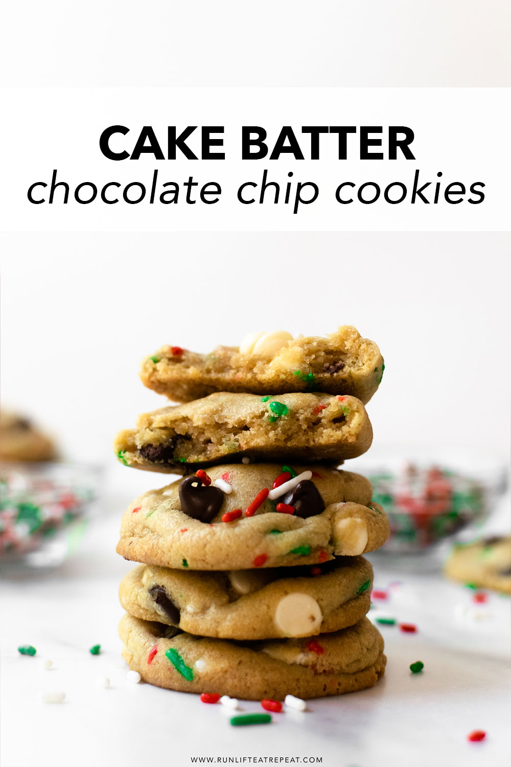 I'm certain that will love these cake batter chocolate chip cookies! Enjoy a chewy cookie with slightly crisp edges studded with white chocolate chips and festive sprinkles. These taste like a cross between chocolate chip cookies mixed with funfetti vanilla cake— truly a cookie recipe that you'll make over and over again!