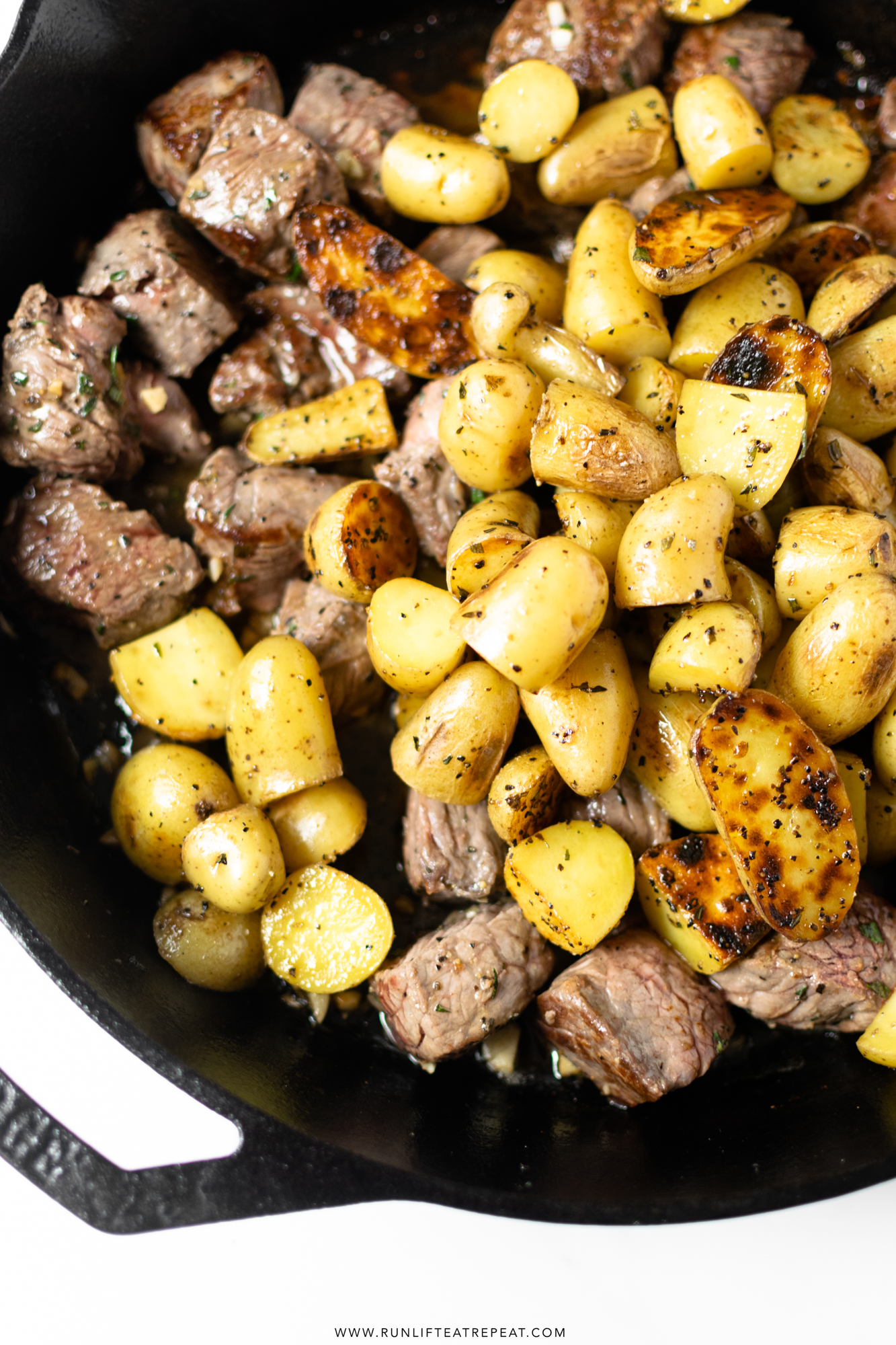 These garlic herb butter steak bites with potatoes are an incredibly simple meal that is flavor packed and made in one pan. Paired with a salad, this is a meal that the entire family with love!