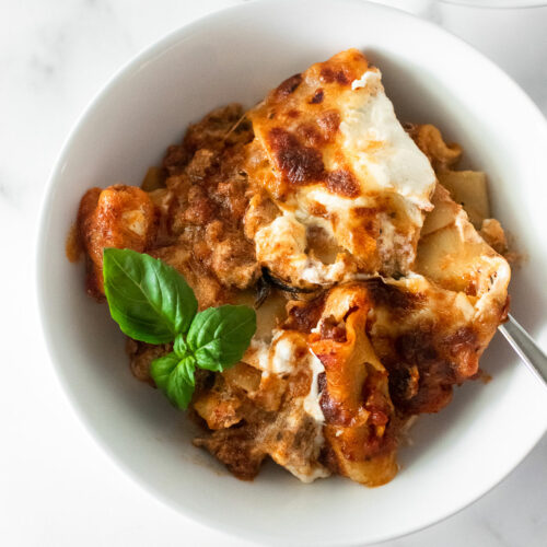 One skillet is all you need to make this insanely flavorful lasagna recipe. The process is extremely easy: add the ground beef with a mixture of Italian spices and brown in a skillet. Then, toss in the remaining ingredients and finish with ricotta and shredded mozzarella cheese. This is a quick family favorite 35-minute dinner recipe that you'll want to make all year long!